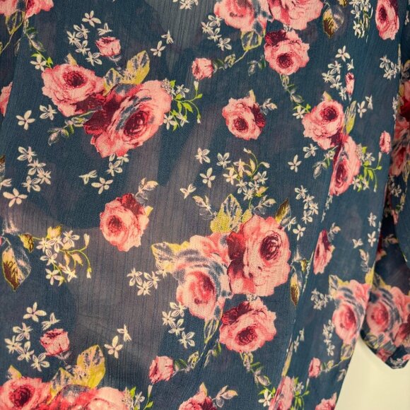 DECREE Peasant Scoop Neck Crepe Blouse Women XL Floral Teal Pink 3/4 Sleeve Boho - Picture 2 of 9